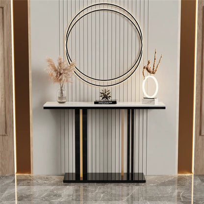 Long Marble Console Table with Durable Black Frame