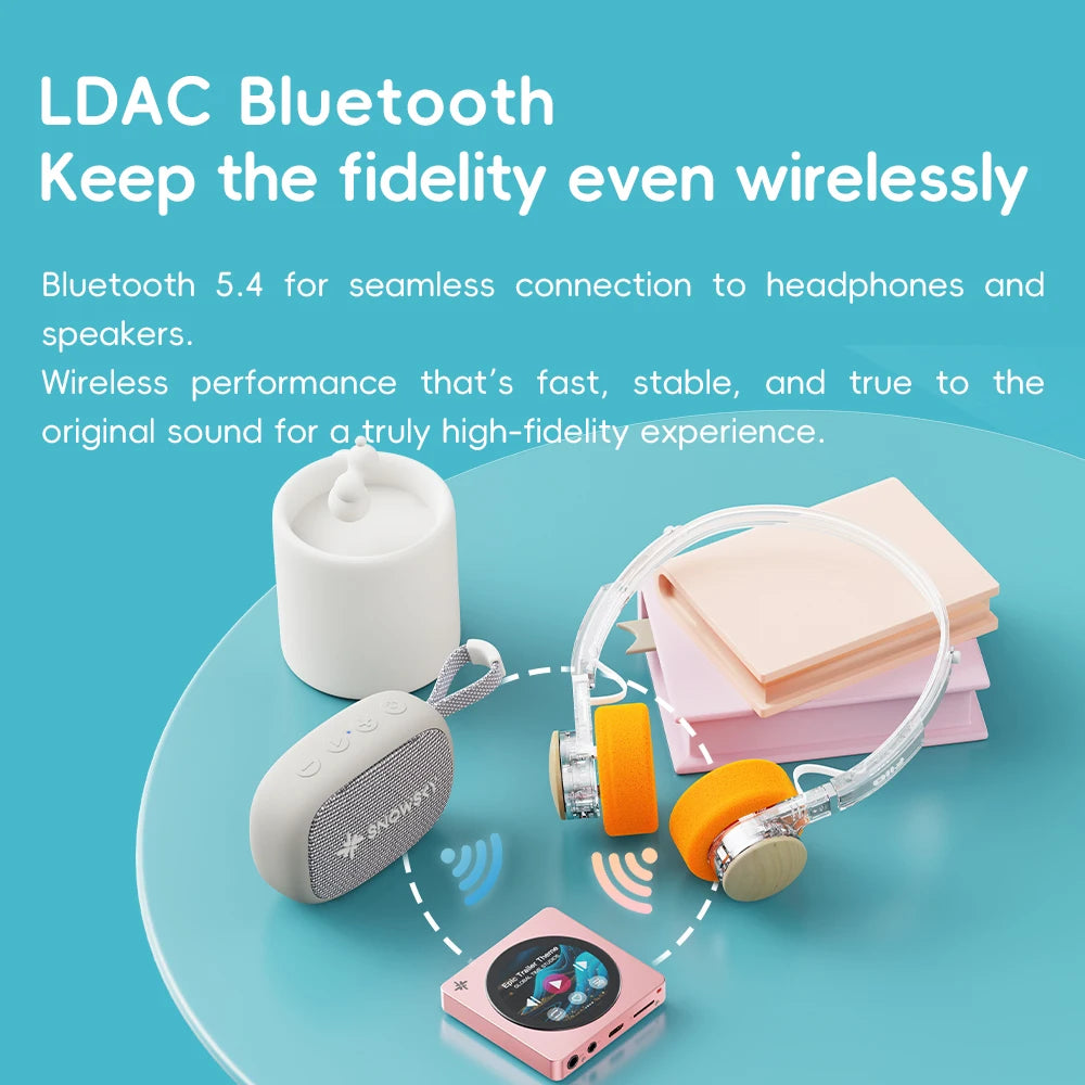 Pink Portable HiFi Music Player Dual DAC Bluetooth 5.4 Touchscreen