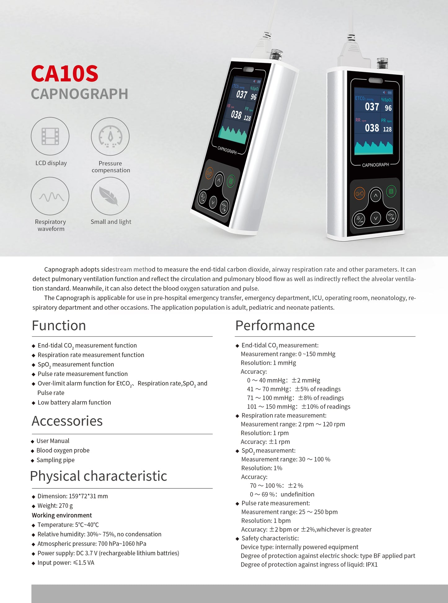 Portable Capnograph ETCO2 Patient Monitor with SPO2 and PR