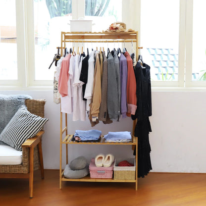 Heavy Duty Bamboo Garment Rack with Hanging Rail & Shelves