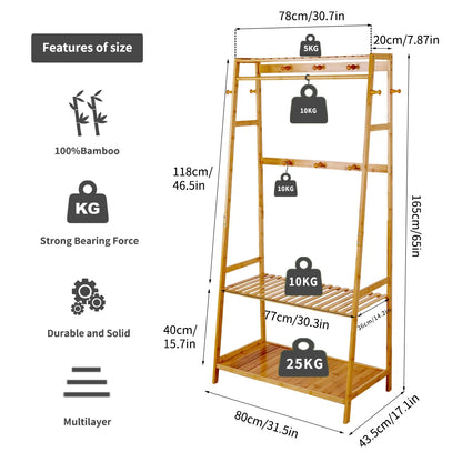 Heavy Duty Bamboo Garment Rack with Hanging Rail & Shelves