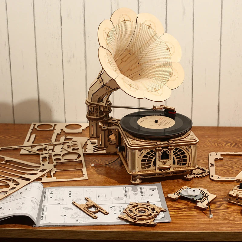 DIY Wooden Hand Crank Gramophone Model Building Kit