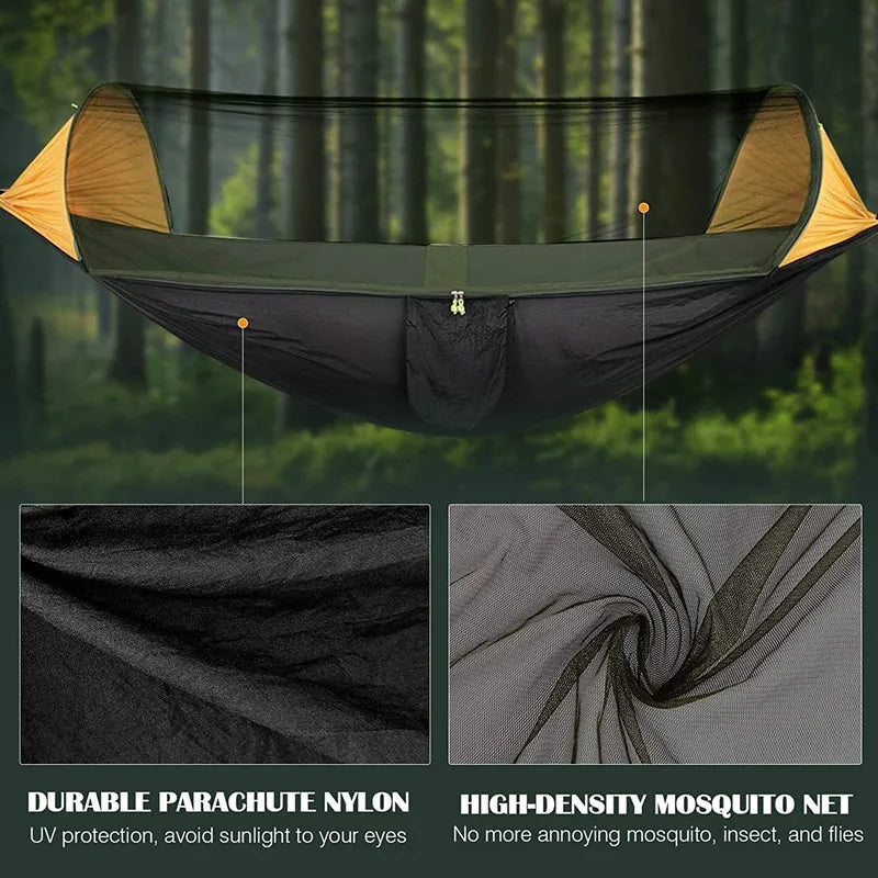 Green Black Camping Hammock with Mosquito Net and Rain Fly