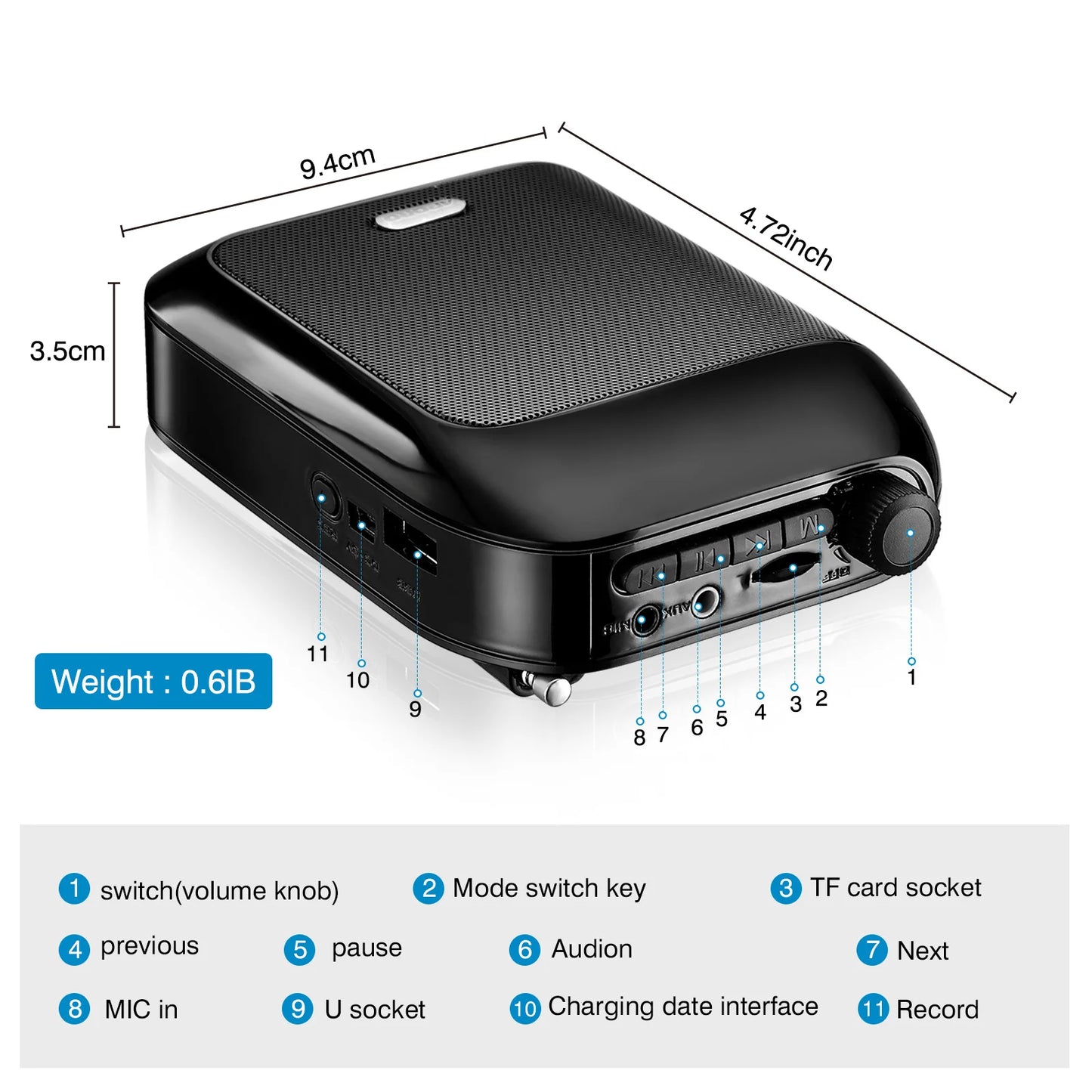Portable Bluetooth Voice Amplifier with UHF Mic & USB Playback