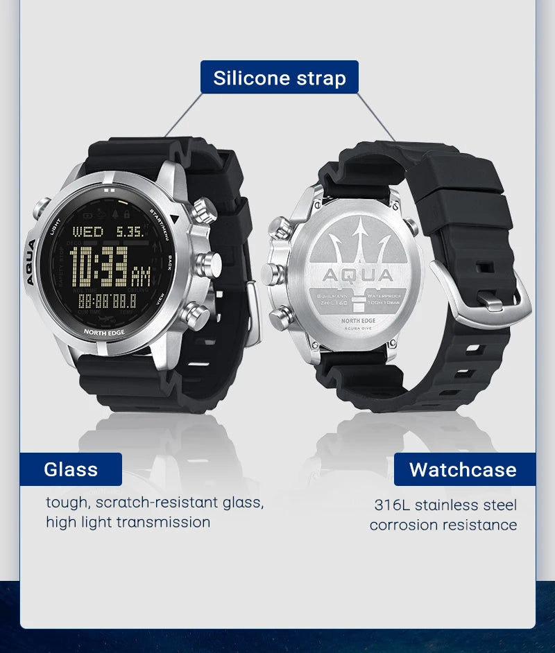Black 50m Waterproof Dive Computer Smart Watch Altimeter Compass