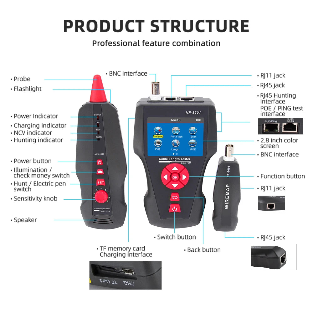 Multifunction Network Cable Tester with PoE and Wire Tracking