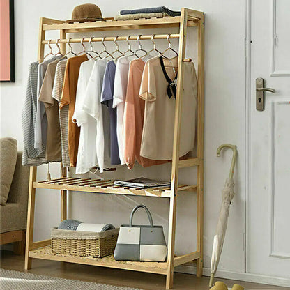 Heavy Duty Bamboo Garment Rack with Hanging Rail & Shelves