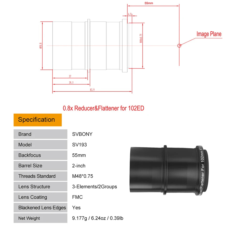 2 Inch 0.8x Focal Reducer for 102mm ED Astrophotography