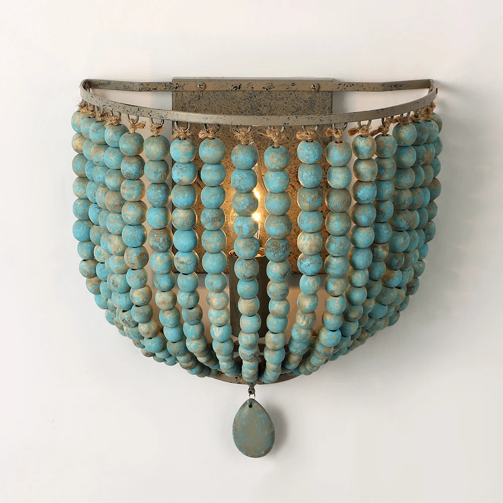 Vintage Blue Wooden Bead Wall Lamp