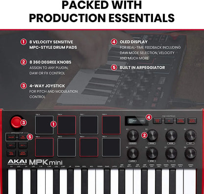 25-Key USB MIDI Keyboard Controller with 8 Drum Pads