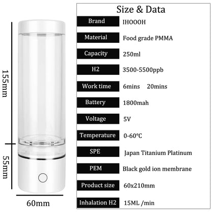 Nano Hydrogen Water Generator Bottle Rechargeable White