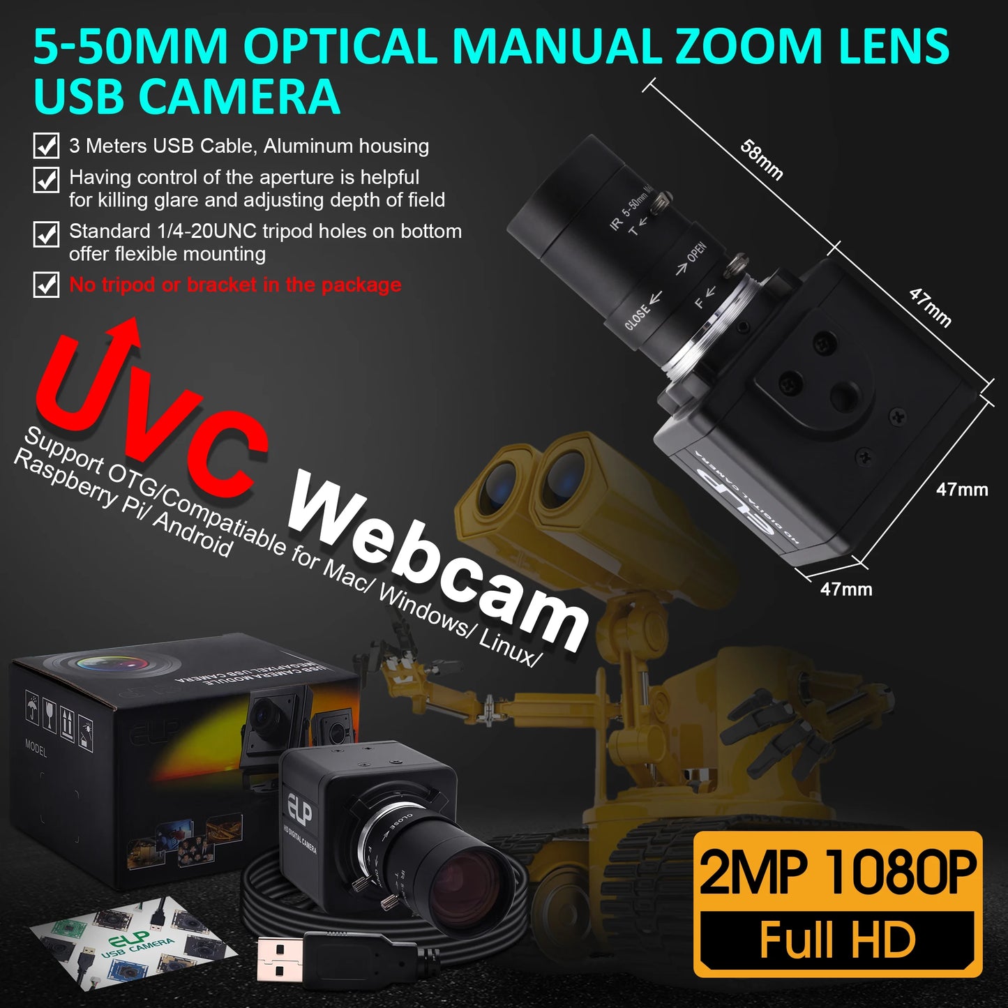 Manual Zoom USB Camera 2.8–12mm Motion Capture