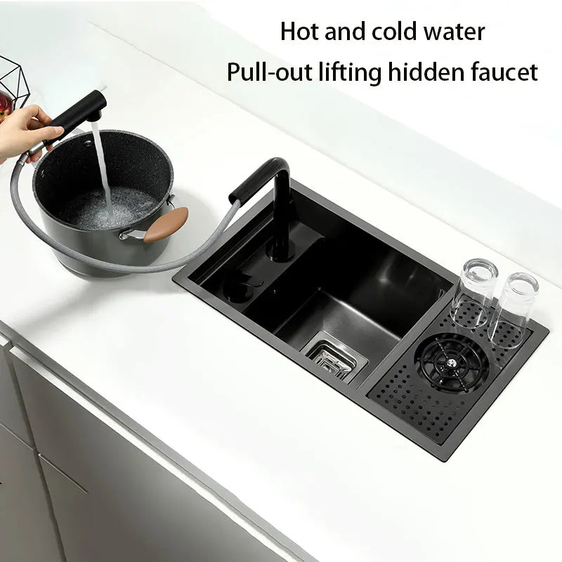 Hidden Black Stainless Steel Kitchen Sink with Cup Washer