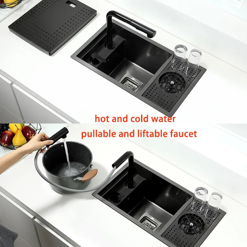 Hidden Black Stainless Steel Kitchen Sink with Cup Washer
