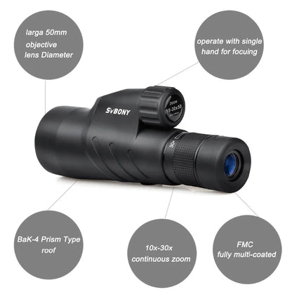 High Power 10 to 30x50 Monocular with BAK4 Prism