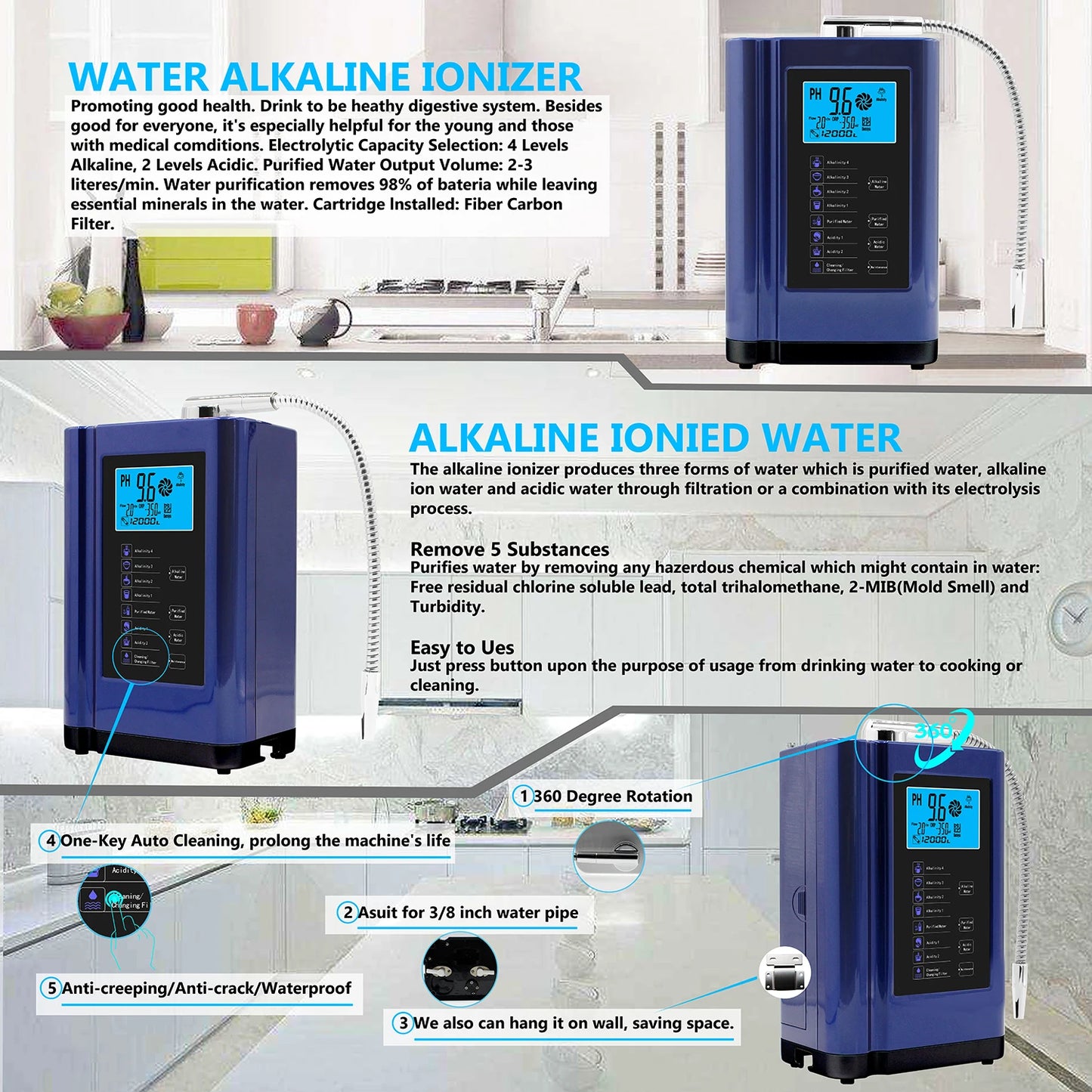 White Alkaline Water Ionizer Hydrogen Generator for Home