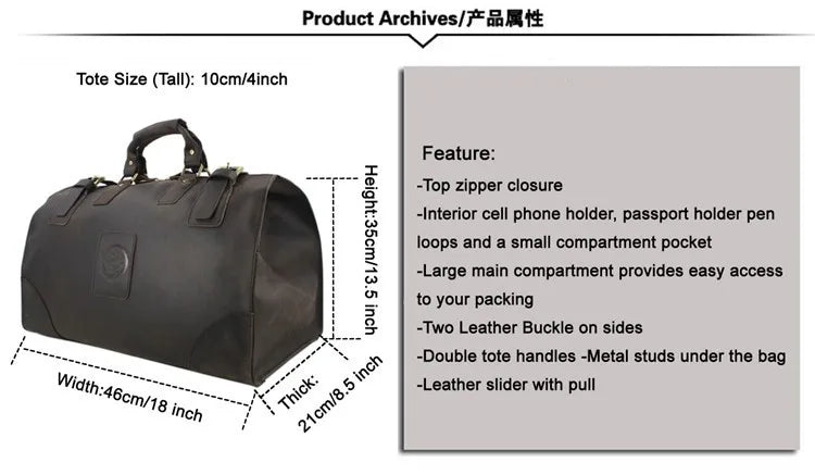 Heavy-Duty Leather Luggage Bag Large Men’s Travel Tote