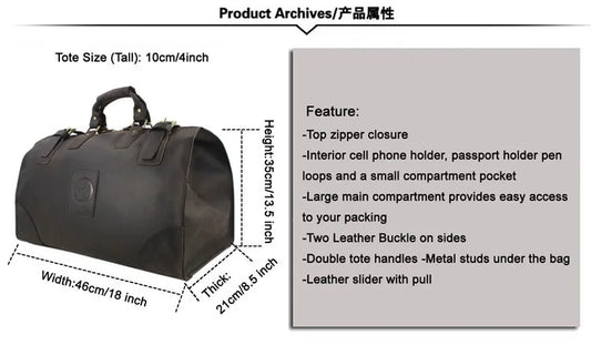 Heavy-Duty Leather Luggage Bag Large Men’s Travel Tote