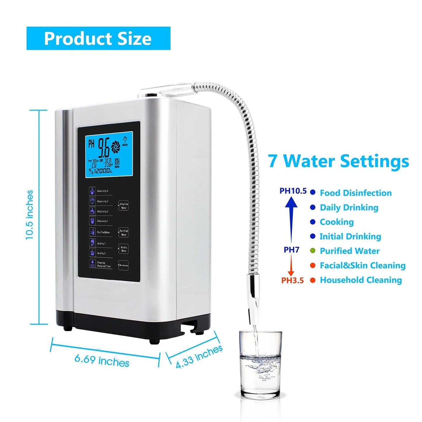 Blue Alkaline Water Ionizer Machine with pH Control