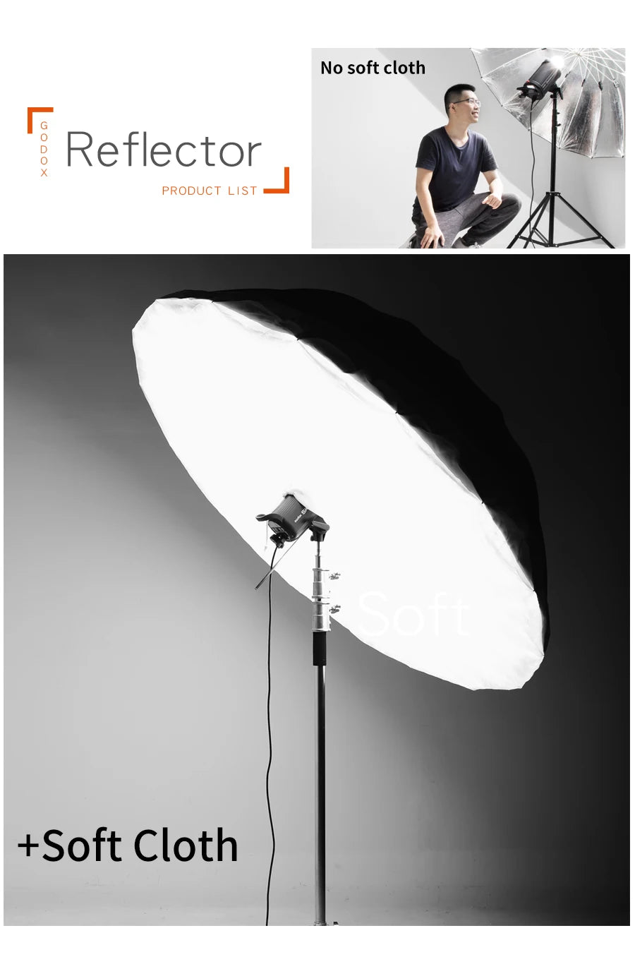 178cm Black Silver Reflective Photography Umbrella with Diffuser