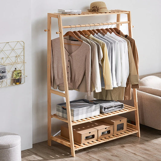 Heavy Duty Bamboo Garment Rack with Hanging Rail & Shelves