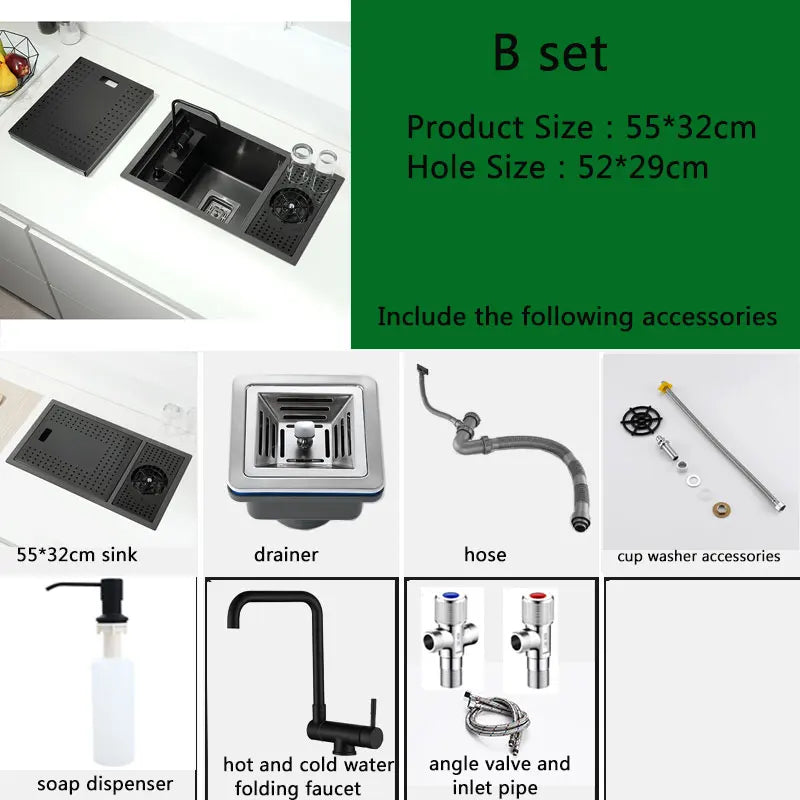 Hidden Black Stainless Steel Kitchen Sink with Cup Washer