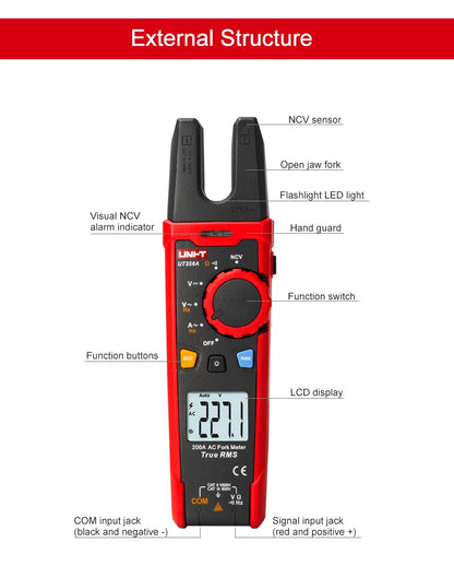 Fork Clamp Meter True RMS AC Ammeter Frequency Tester