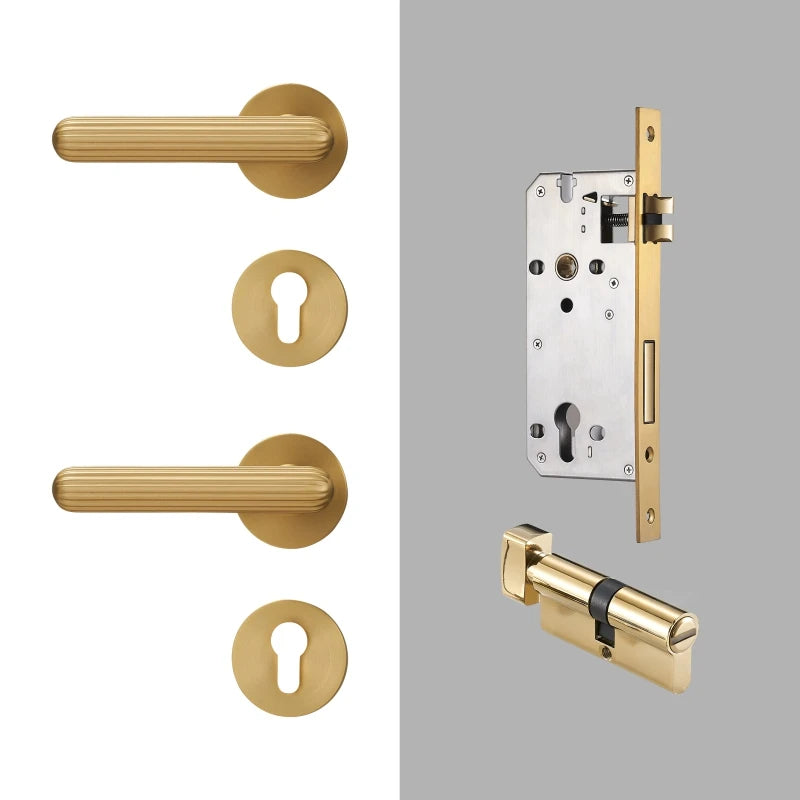 Modern Brass Door Handle Lock Set Bedroom Bathroom Lever