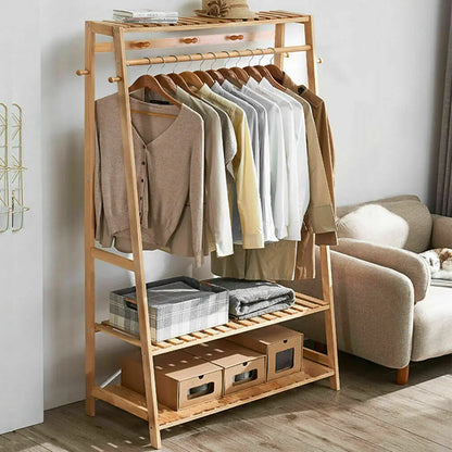 Heavy Duty Bamboo Garment Rack with Hanging Rail & Shelves