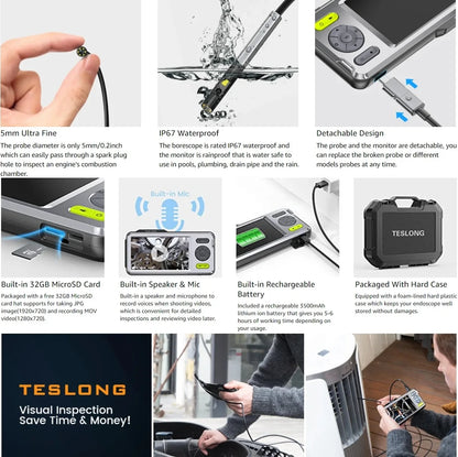 5mm Pipe Borescope with LCD Screen 1080P Video