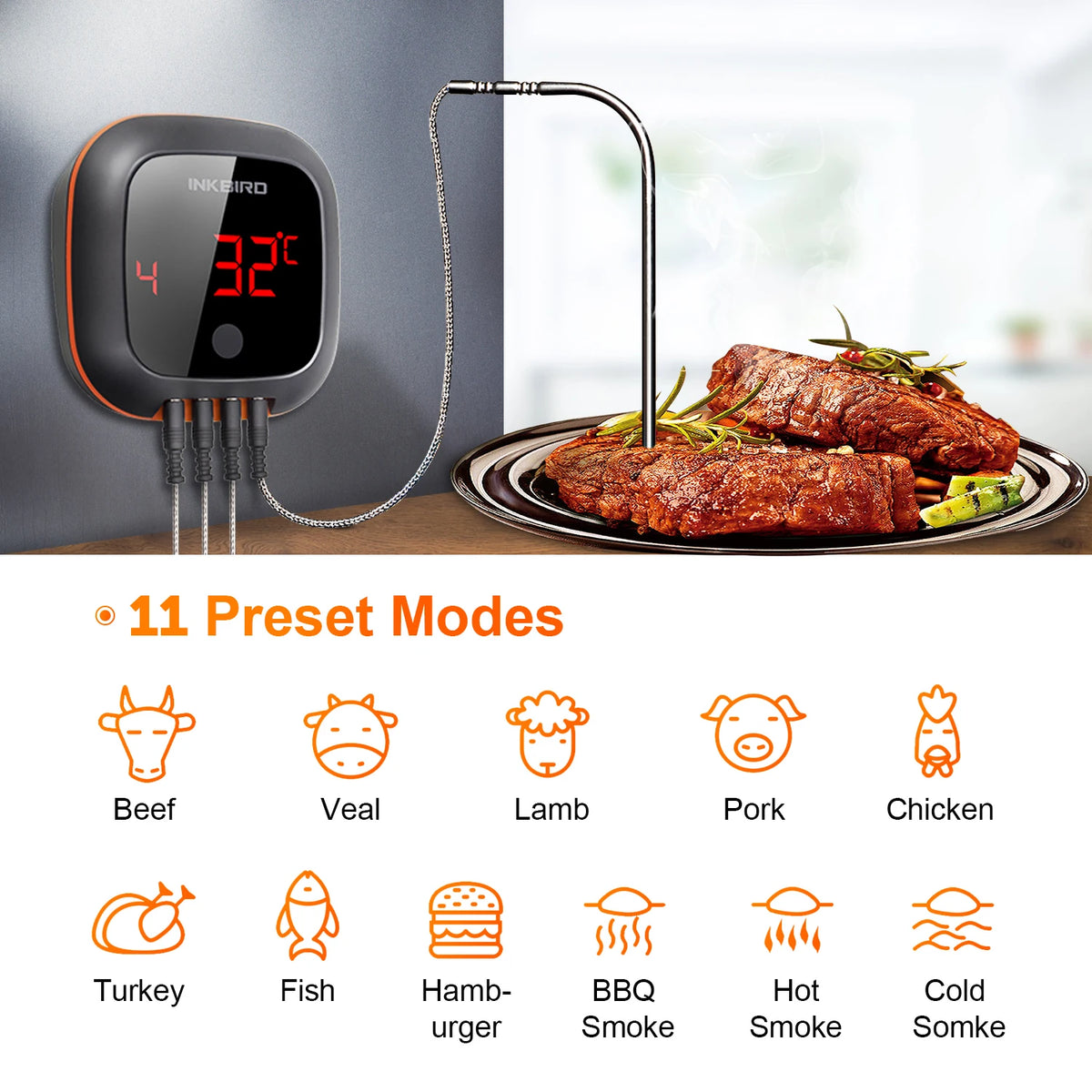 Wireless BBQ Meat Thermometer 4-Probe with App Control & Timer