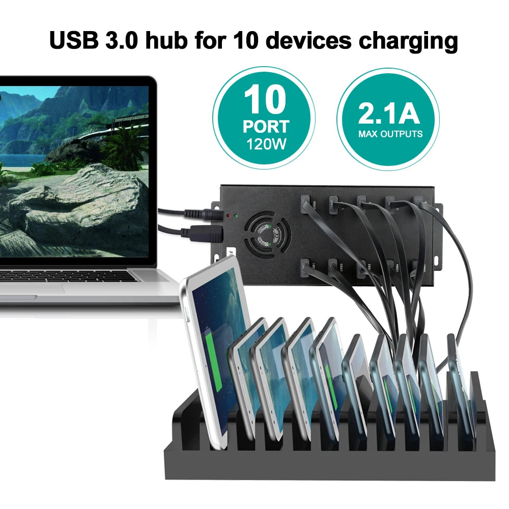 High-Speed 10-Port USB Hub 5Gbps Charger for Devices