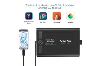 10x6.25" Graphics Tablet with 10 Shortcut Keys