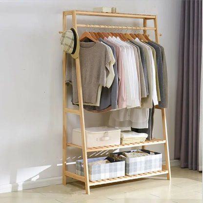 Heavy Duty Bamboo Garment Rack with Hanging Rail & Shelves