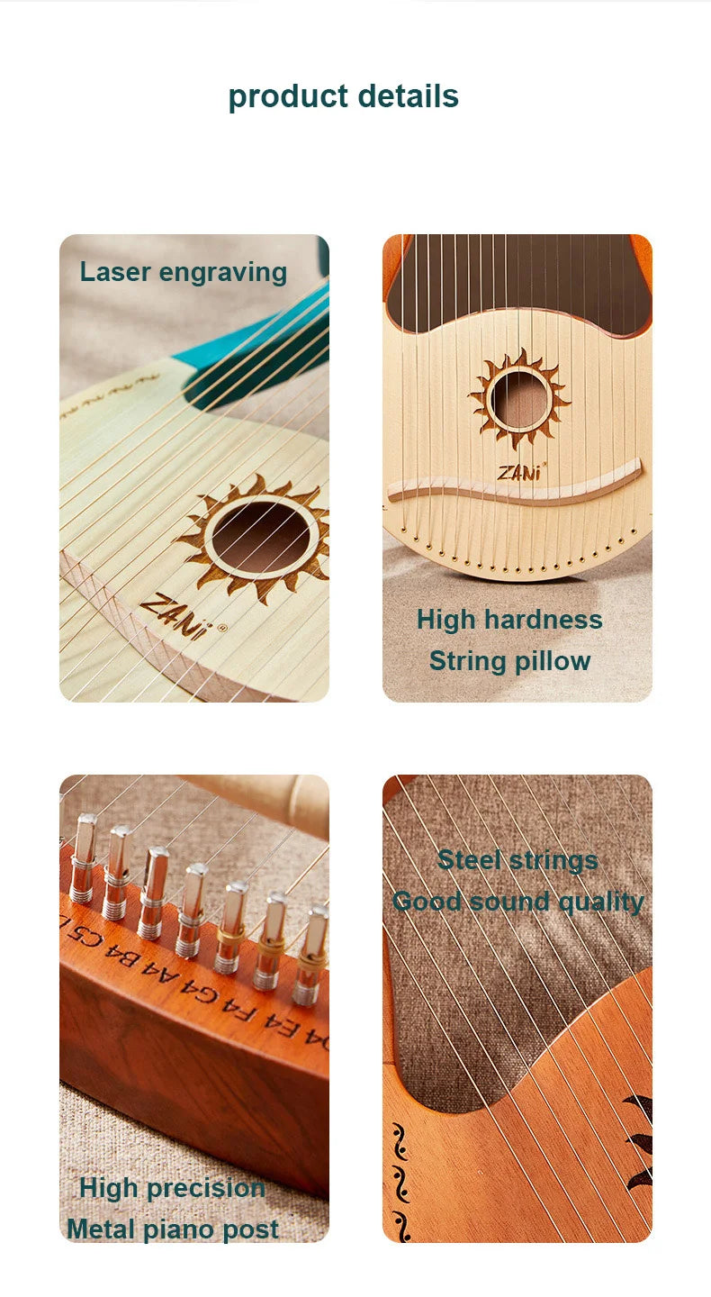 Wooden 19 String Lyre Harp for Beginners and Professionals