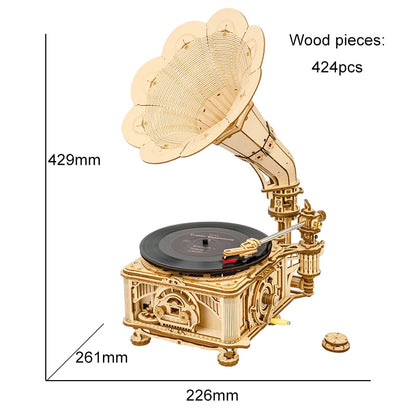 DIY Wooden Hand Crank Gramophone Model Building Kit