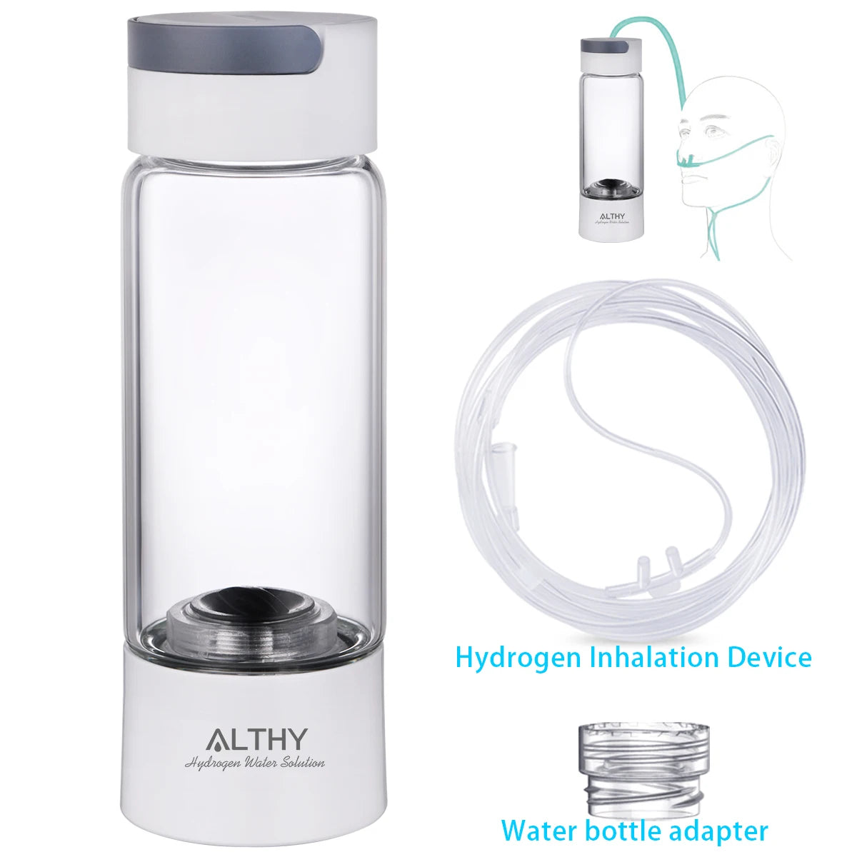 Hydrogen Water Generator Bottle with Glass Cup and Inhaler