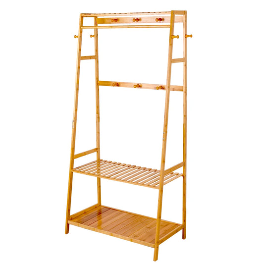 Heavy Duty Bamboo Garment Rack with Hanging Rail & Shelves