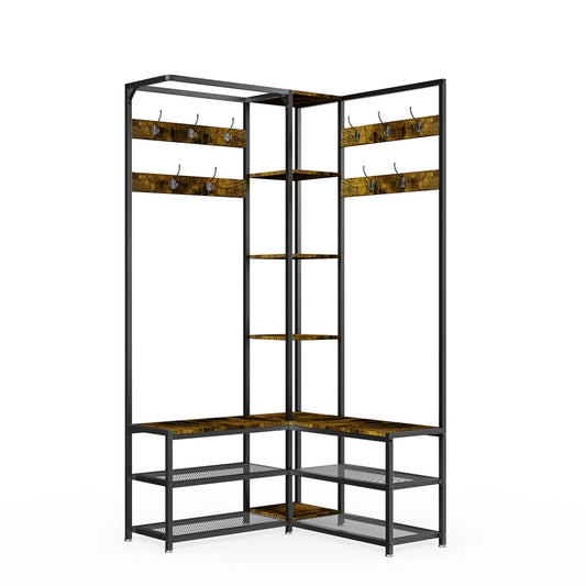 Heavy Duty Corner Hall Tree Coat Stand with Shoe Bench