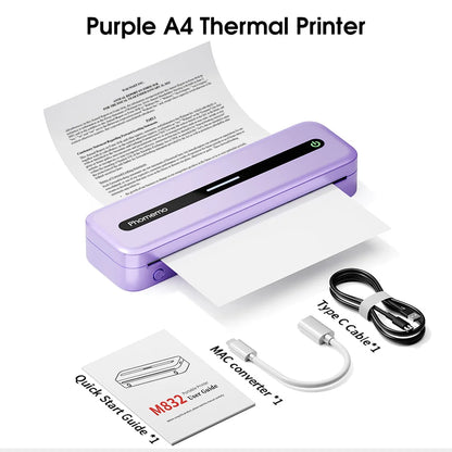 Purple Portable Wireless Bluetooth Inkless Printer A4 Thermal