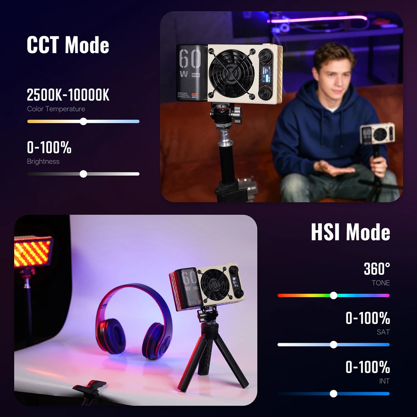 Portable 60W RGB Fill Light for Vlogging Live Streaming