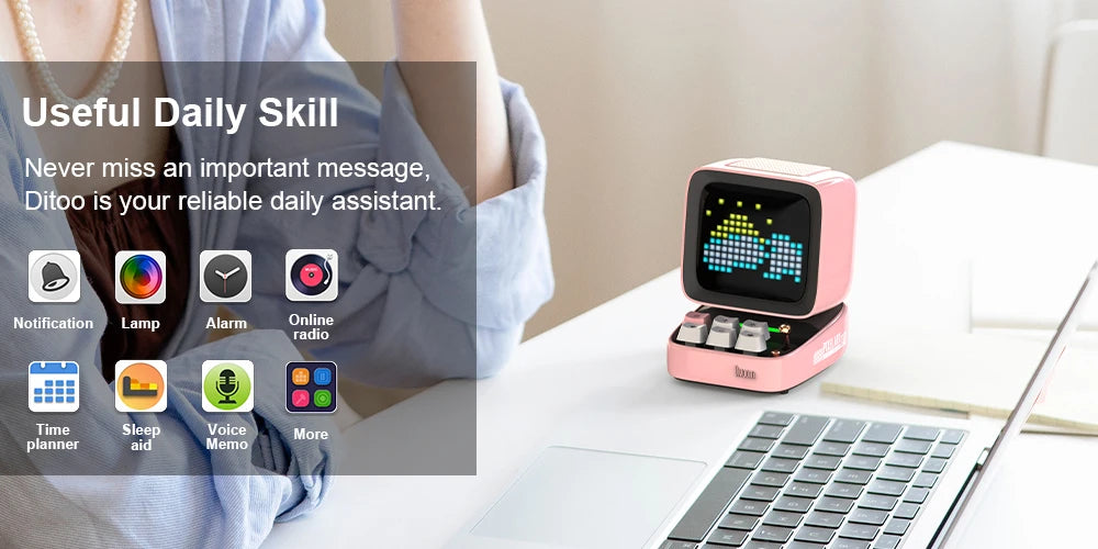 White Mini Retro Speaker with LED Pixel Art and Clock Function