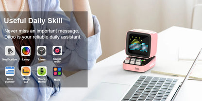 White Mini Retro Speaker with LED Pixel Art and Clock Function