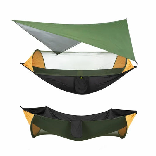 Green Black Camping Hammock with Mosquito Net and Rain Fly