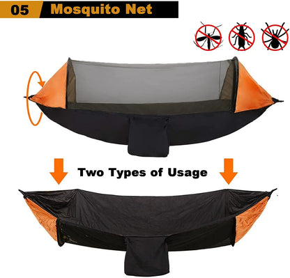 Green Black Camping Hammock with Mosquito Net and Rain Fly