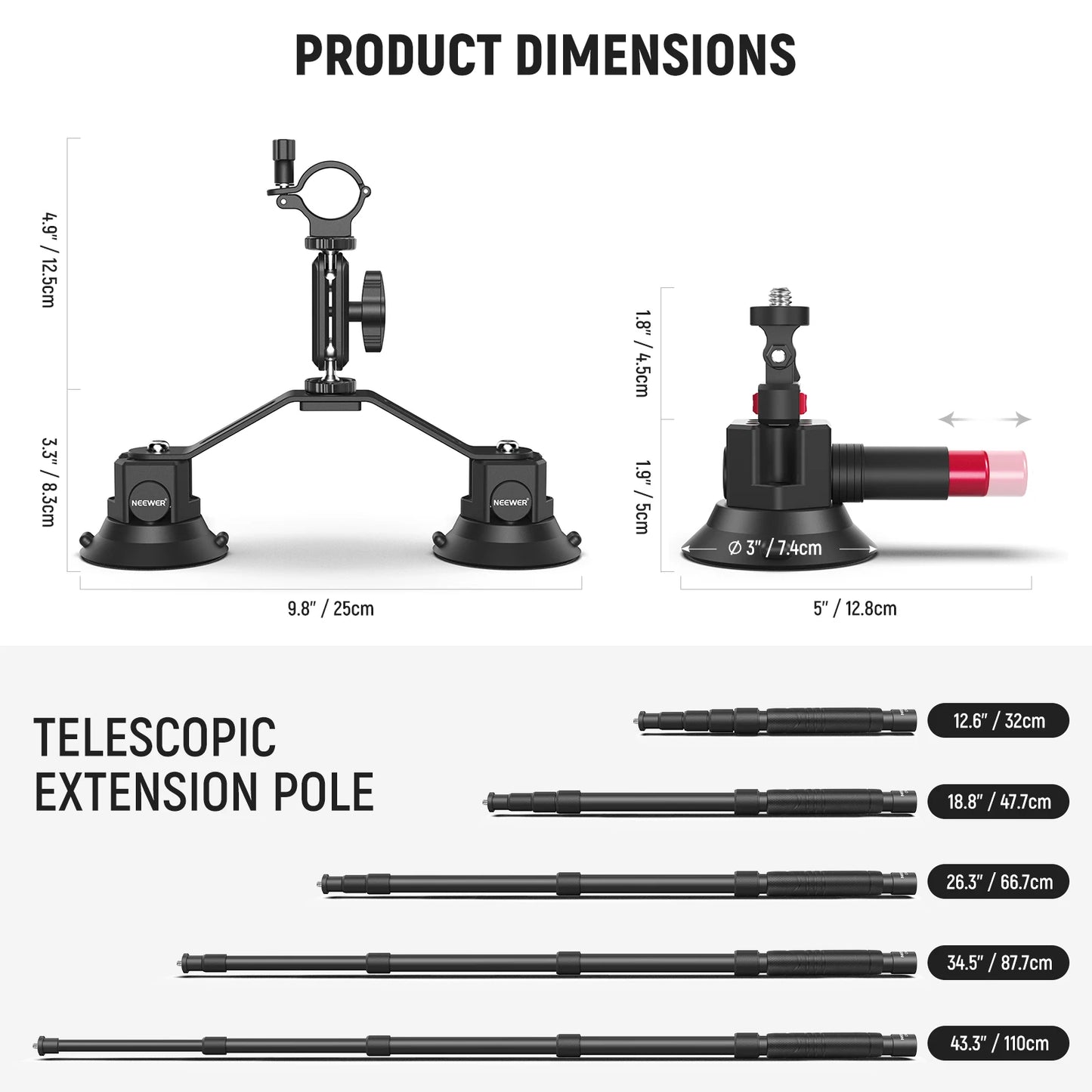 Portable Suction Cup Car Mount and Extension Pole for GoPro