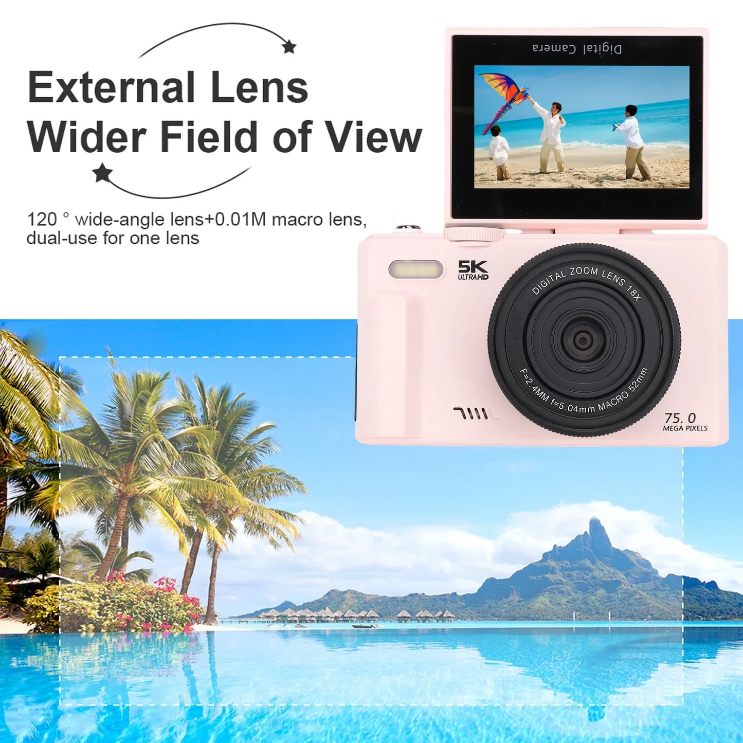 5K 75MP Vlogging Camera 18X Zoom Flip Screen with Flash