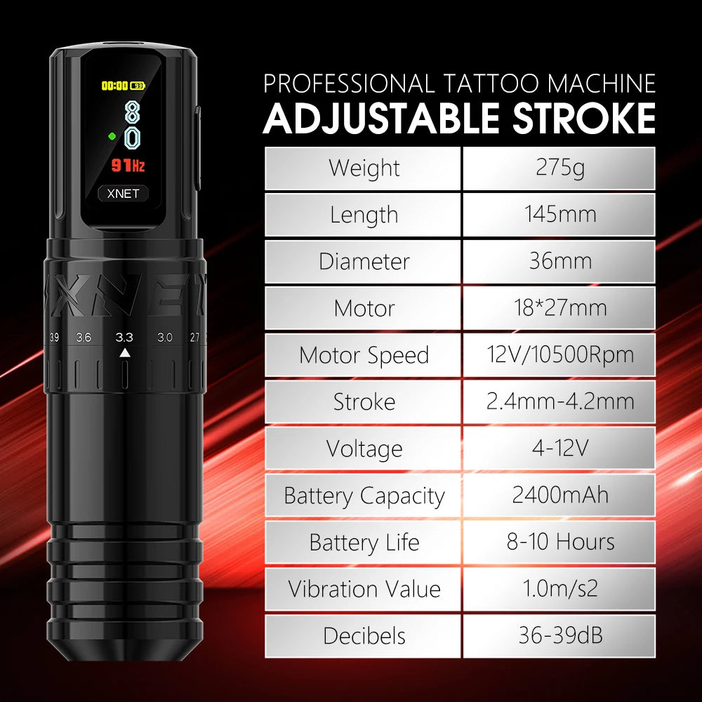 Red Adjustable Tattoo Machine with OLED Display
