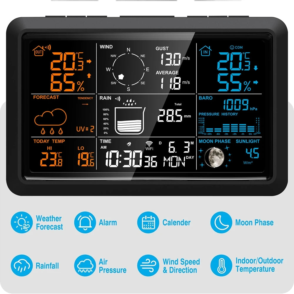 7.5 Inch Black Smart Weather Station with UV and Rainfall Meter