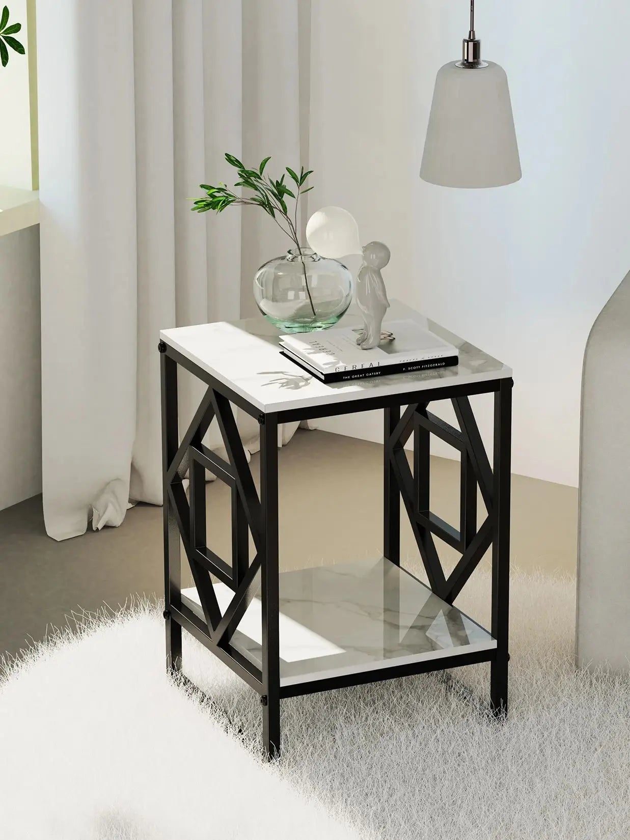 Modern White Marble Side Table with Durable Black Frame